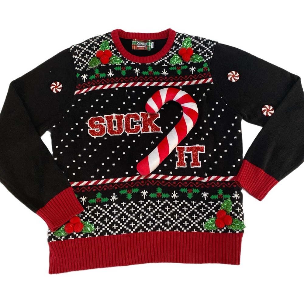 Spencer’s Workshop SUCK IT 3-D Candy Cane Ugly Christmas Holiday Sweater‎ Sz L